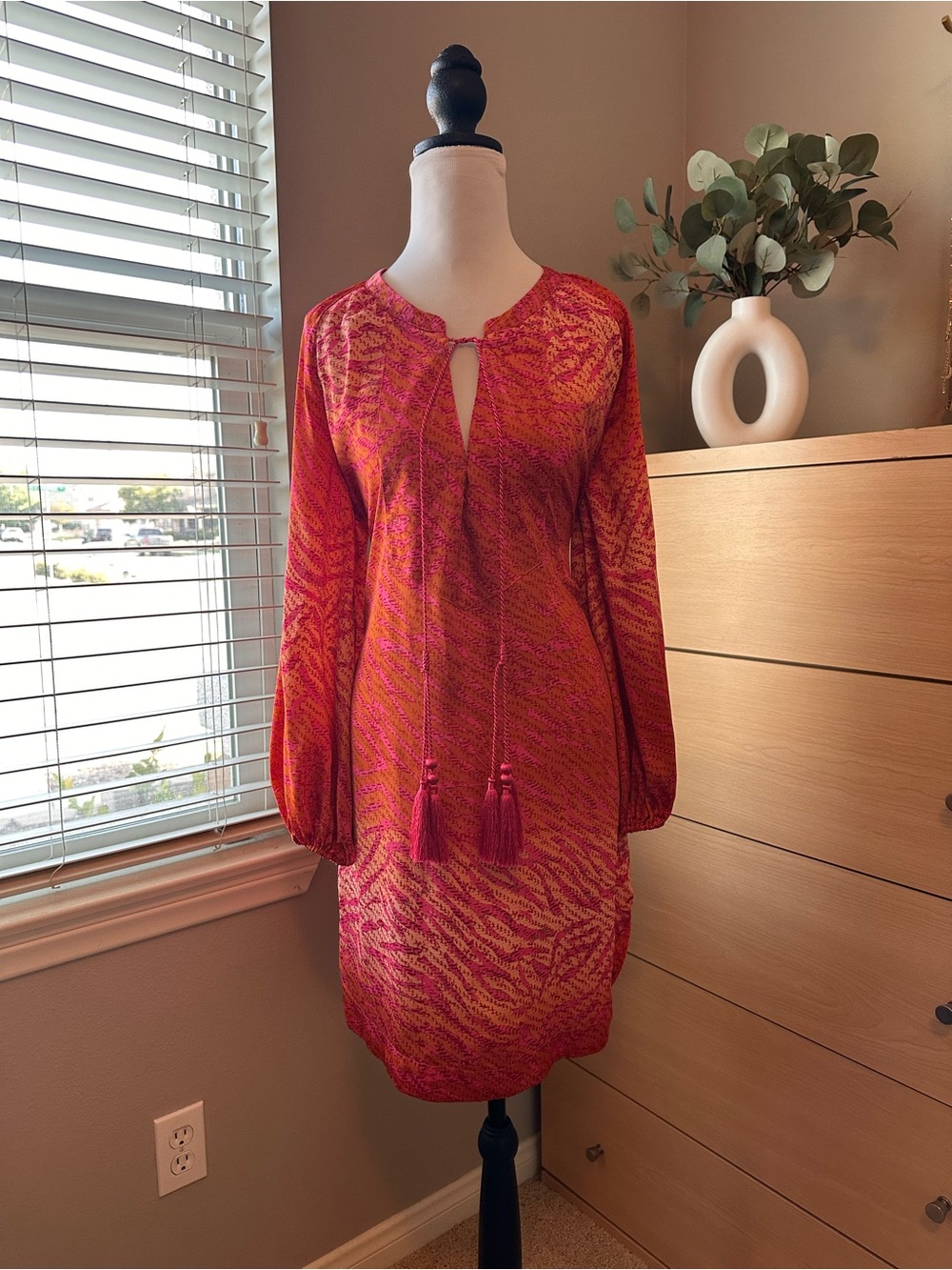 H&M Orange and Pink Tassel Tie Long-Sleeve Shift Dress